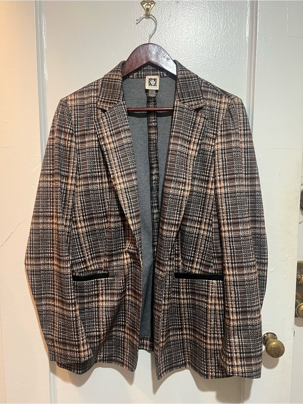 Anne Klein Brown and Cream Plaid Blazer